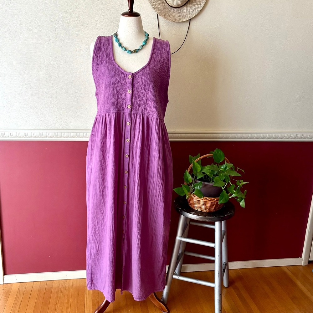 Vintage El Huarache Purple Quilted Cotton Gauze Button Up Maxi Dress L Pockets